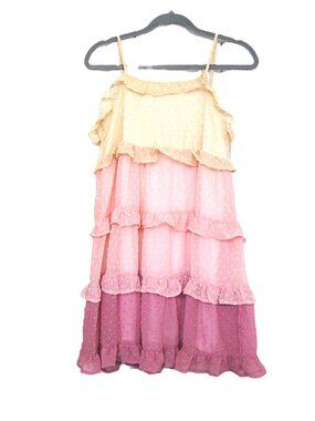 Dotted Swiss Dress  Mini  Baby Doll  Ombre Pink  Tiers w/ Ruffle   Size Small